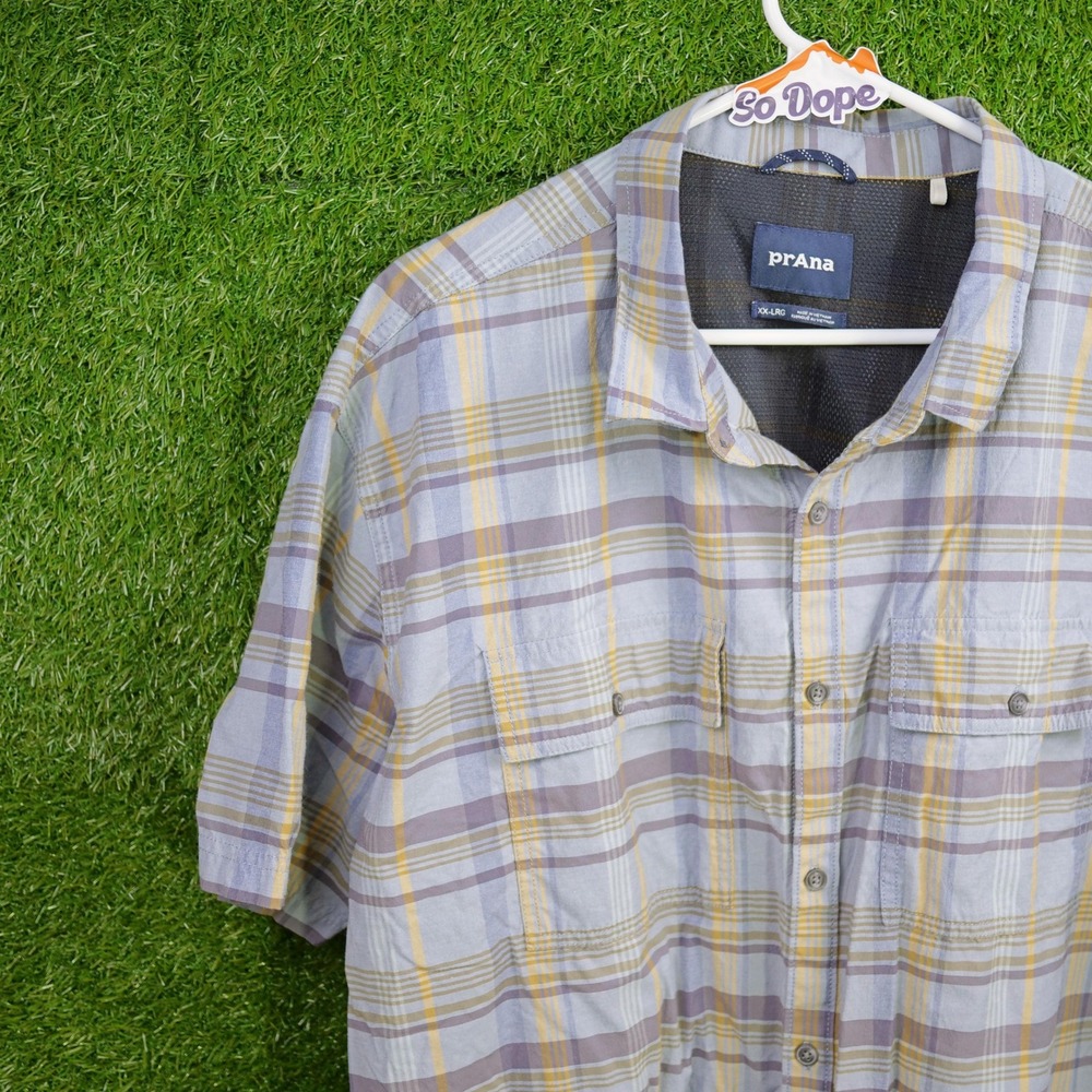 Prana Button Up Shirt Blue Plaid Short Sleeve Vented - Mens Size XXL